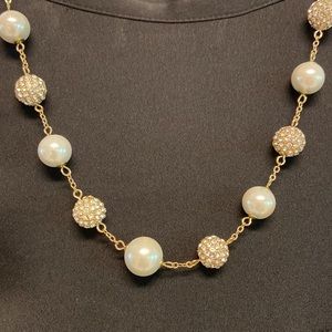 Goldtone Pearls and Crystal Pave Bead Stations Necklace Vintage